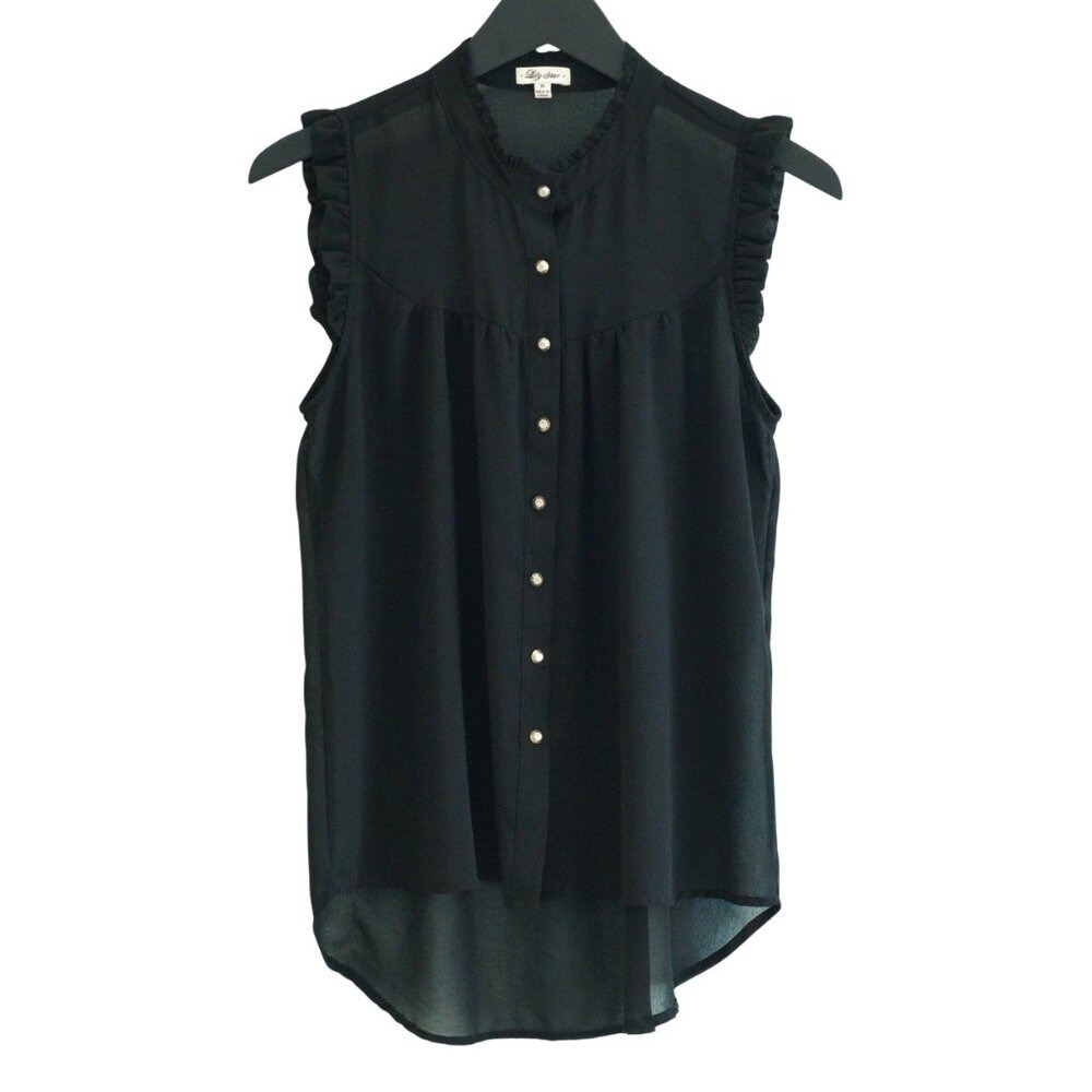 Lily Star Blouse Womens Medium Black Ruffle Sleeveless Button Down Chiffon Top
